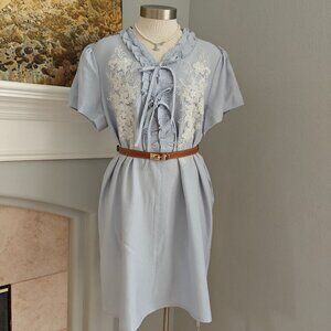Vintage-Inspired Light Blue Embroidered Dress (belt not included)